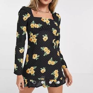 Miss Selfridge square neck mini dress in black floral